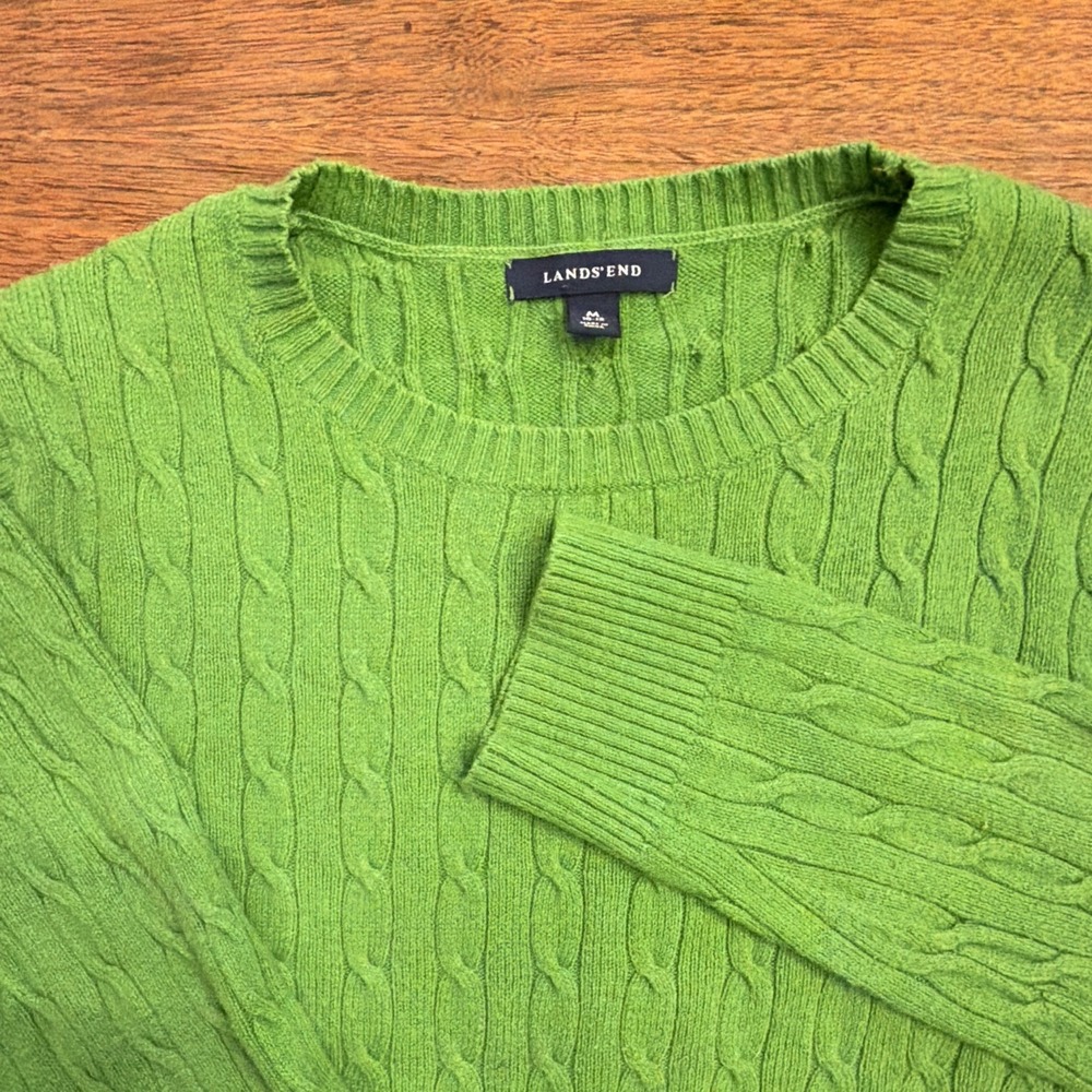 VTG Lands' End Wool Cable Knit Sweater Women M Green Preppy Old Money Luxury
